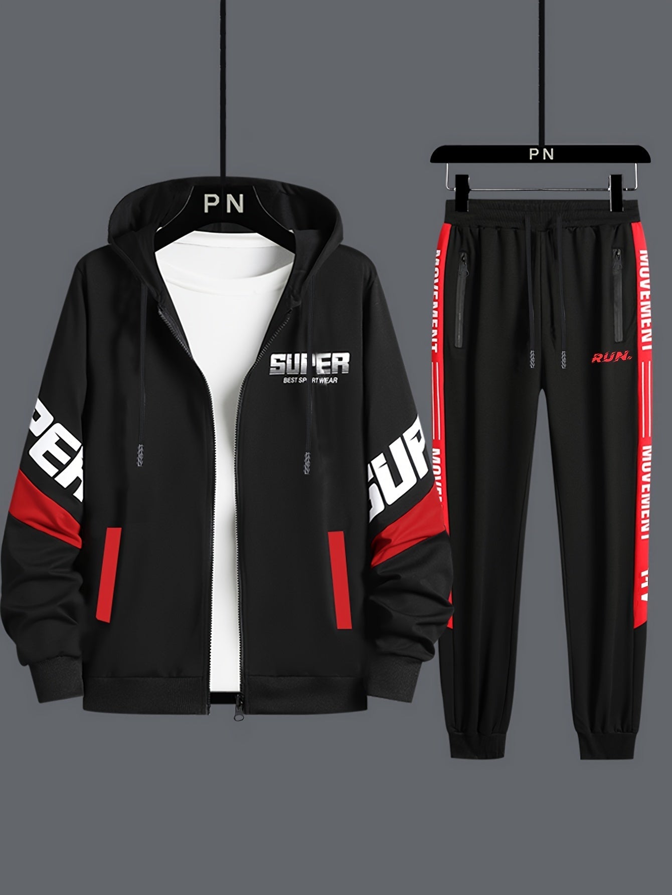 Men's sports tracksuit with a zip-up hooded jacket and striped joggers