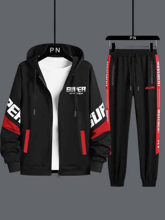 Men's sports tracksuit with a zip-up hooded jacket and striped joggers