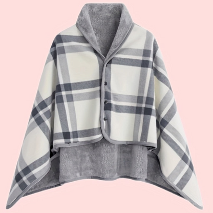 Women's Plaid Snap Button Fleece-Lined Poncho Cape