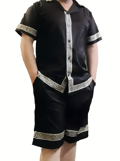Men's Summer Short-Sleeve Casual Set with Geometric Pattern – Stylish Button-Up Shirt and Shorts, Ideal for Relaxed Occasions