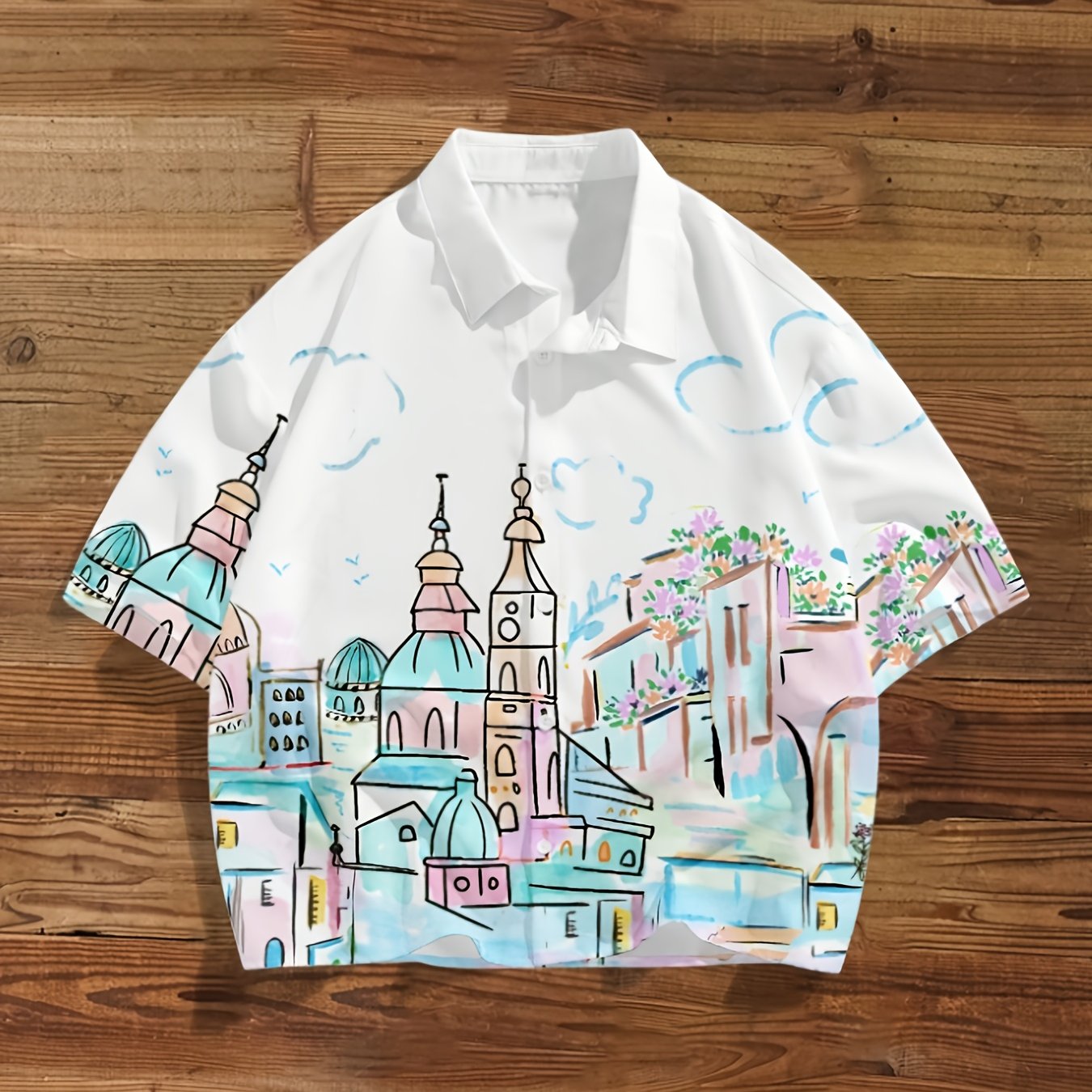 Men's short-sleeve shirt with artistic city motif – Modern casual and summer shirt