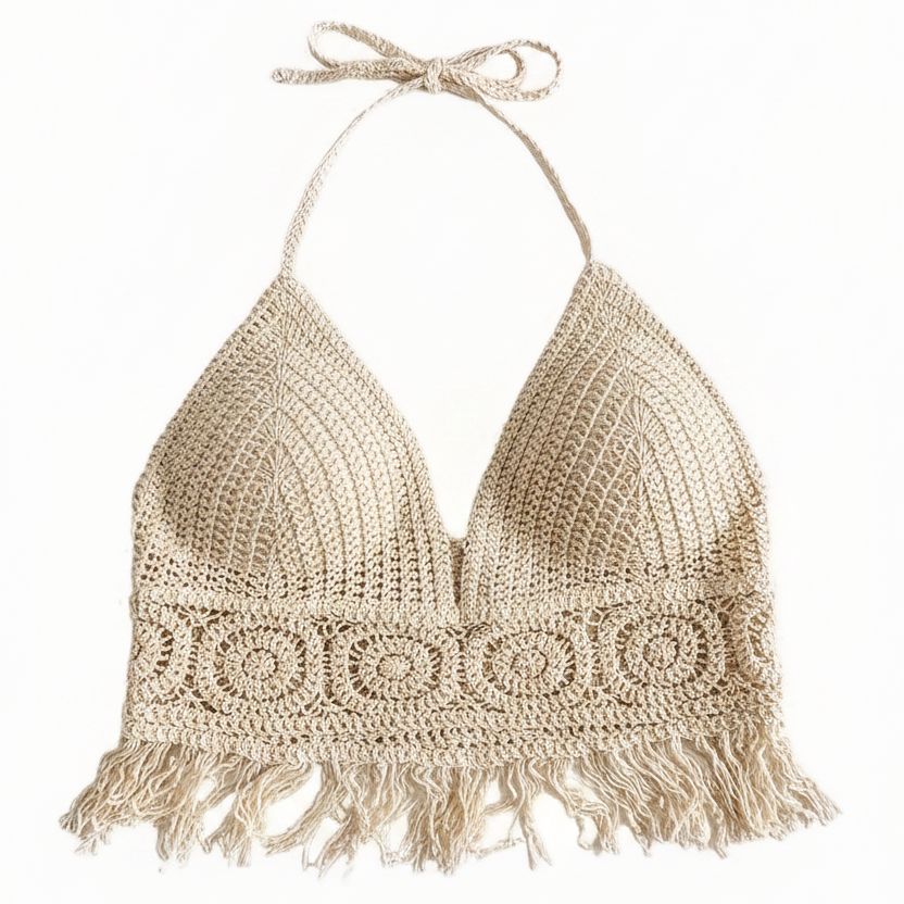 Women's Boho Crochet Halter Crop Top with Fringe – Trendy Summer Festival Top