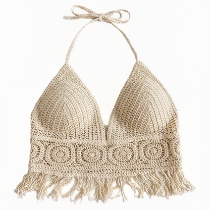 Women's Boho Crochet Halter Crop Top with Fringe – Trendy Summer Festival Top