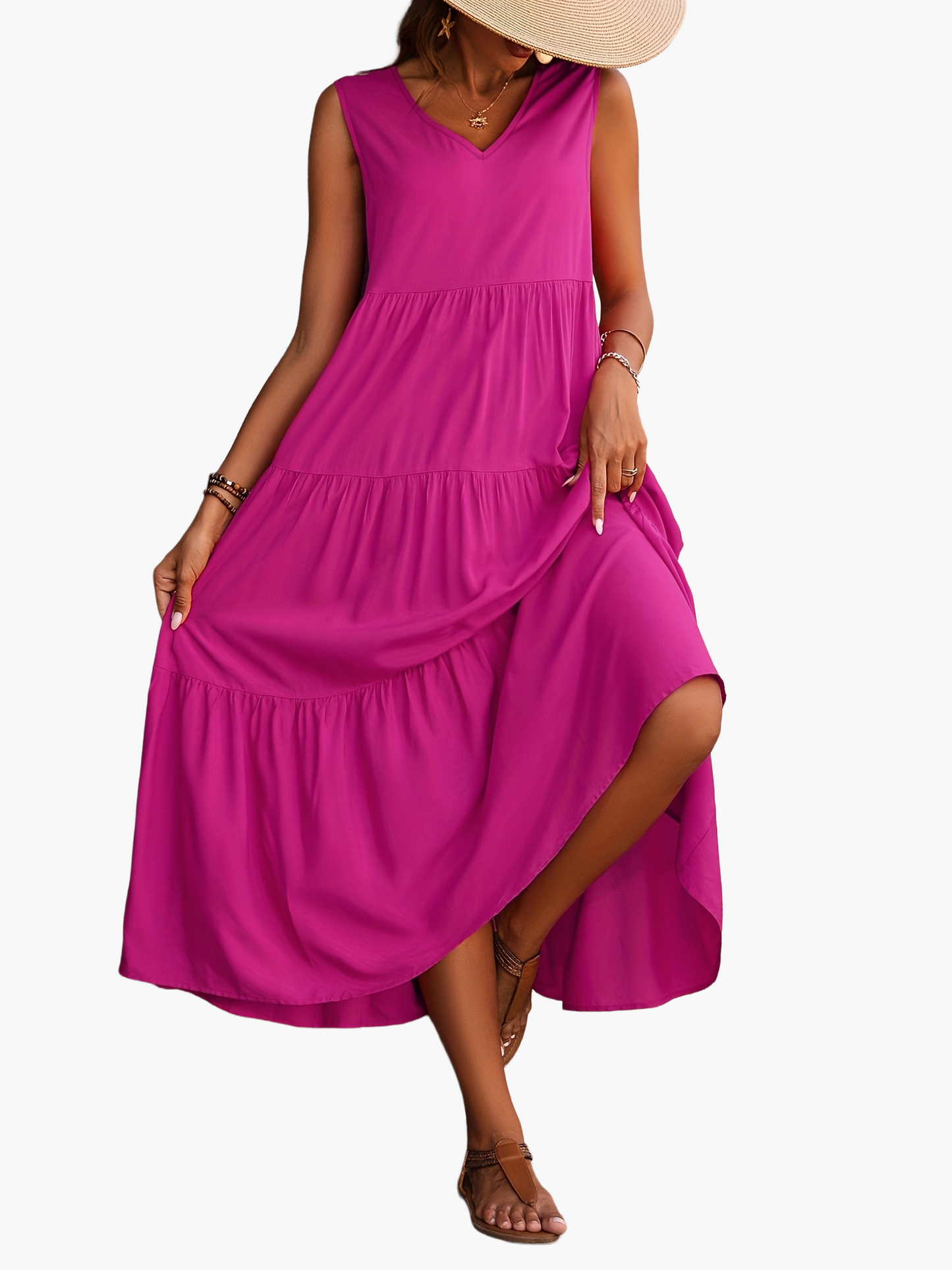 Women's Summer Maxi Dress Elegant with Tiered Skirt and V-Neck – Perfect for Leisure & Vacation