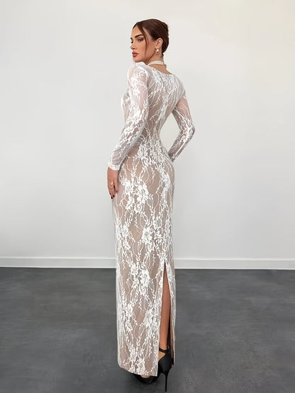 Women's Elegant Bodycon Evening Dress with Lace and Long Sleeves – Perfect for Special Occasions