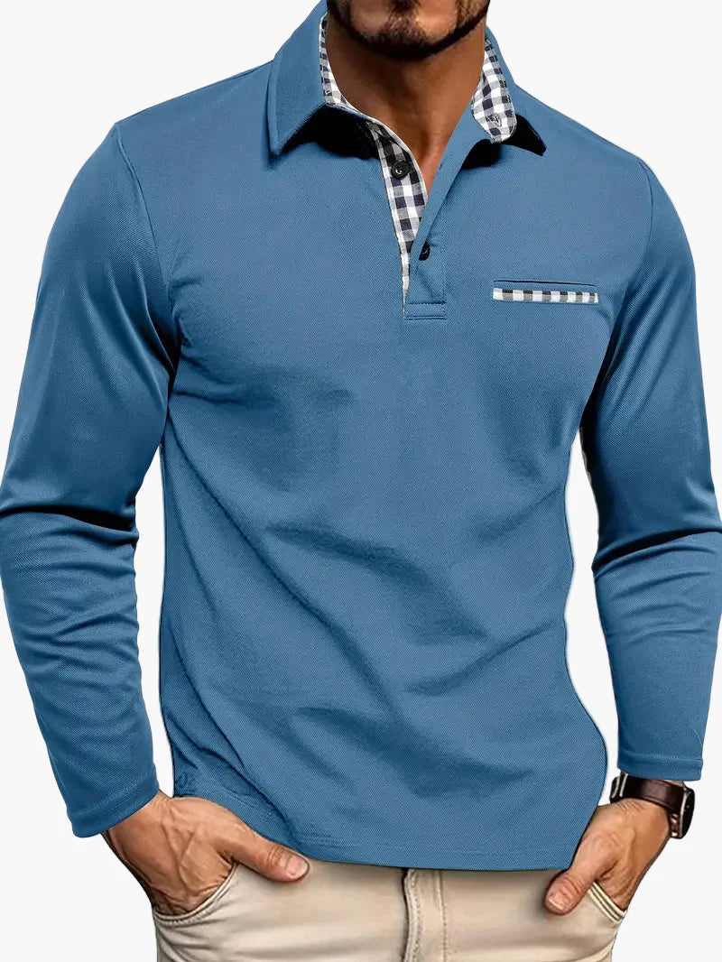 Men's long-sleeve polo shirt with check details – elegant casual look for any occasion