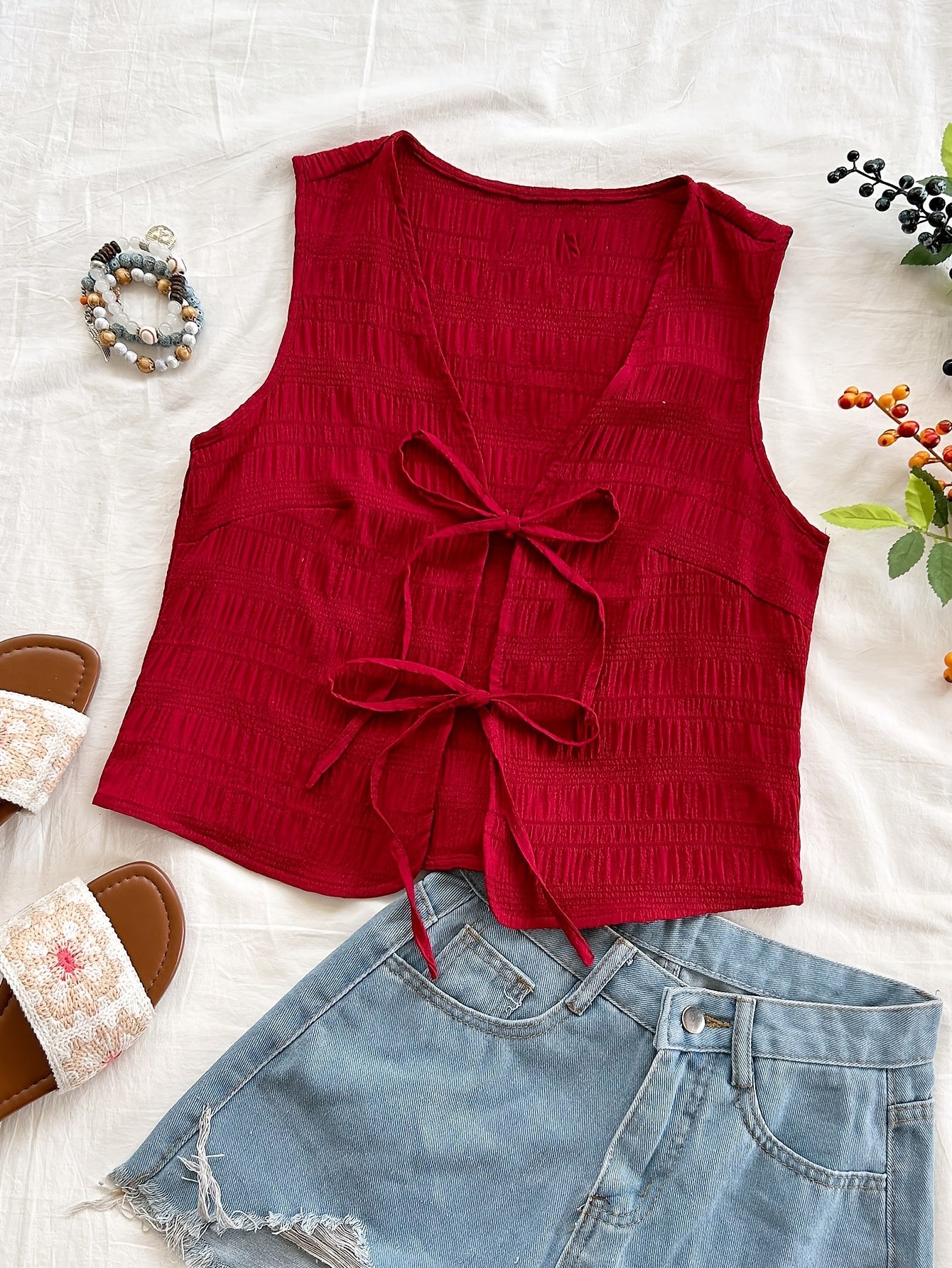 Women's sleeveless vest with tie and crinkle look – Boho streetwear for leisure & vacation