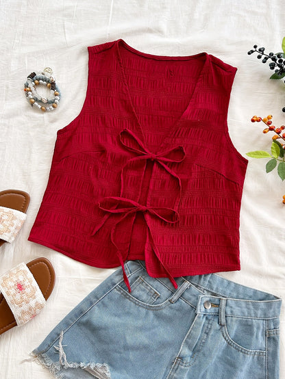 Women's sleeveless vest with tie and crinkle look – Boho streetwear for leisure & vacation