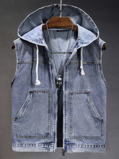 Men's denim vest with hood, sleeveless, with zipper and pockets