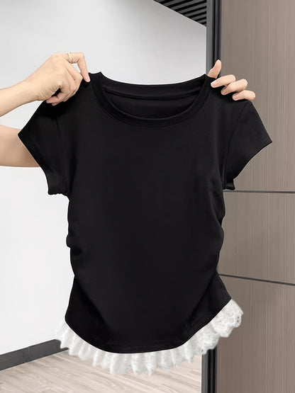Women's short-sleeve shirt with ruching and lace trim – fashionable basic for everyday and leisure wear