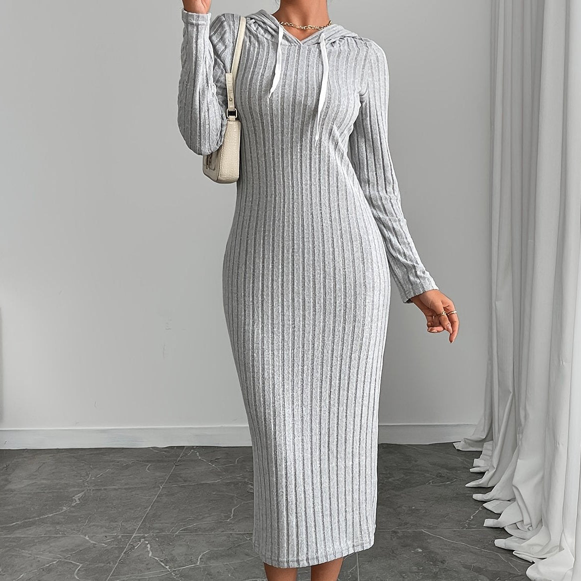 Ribbed midi dress for women, long-sleeve hooded dress