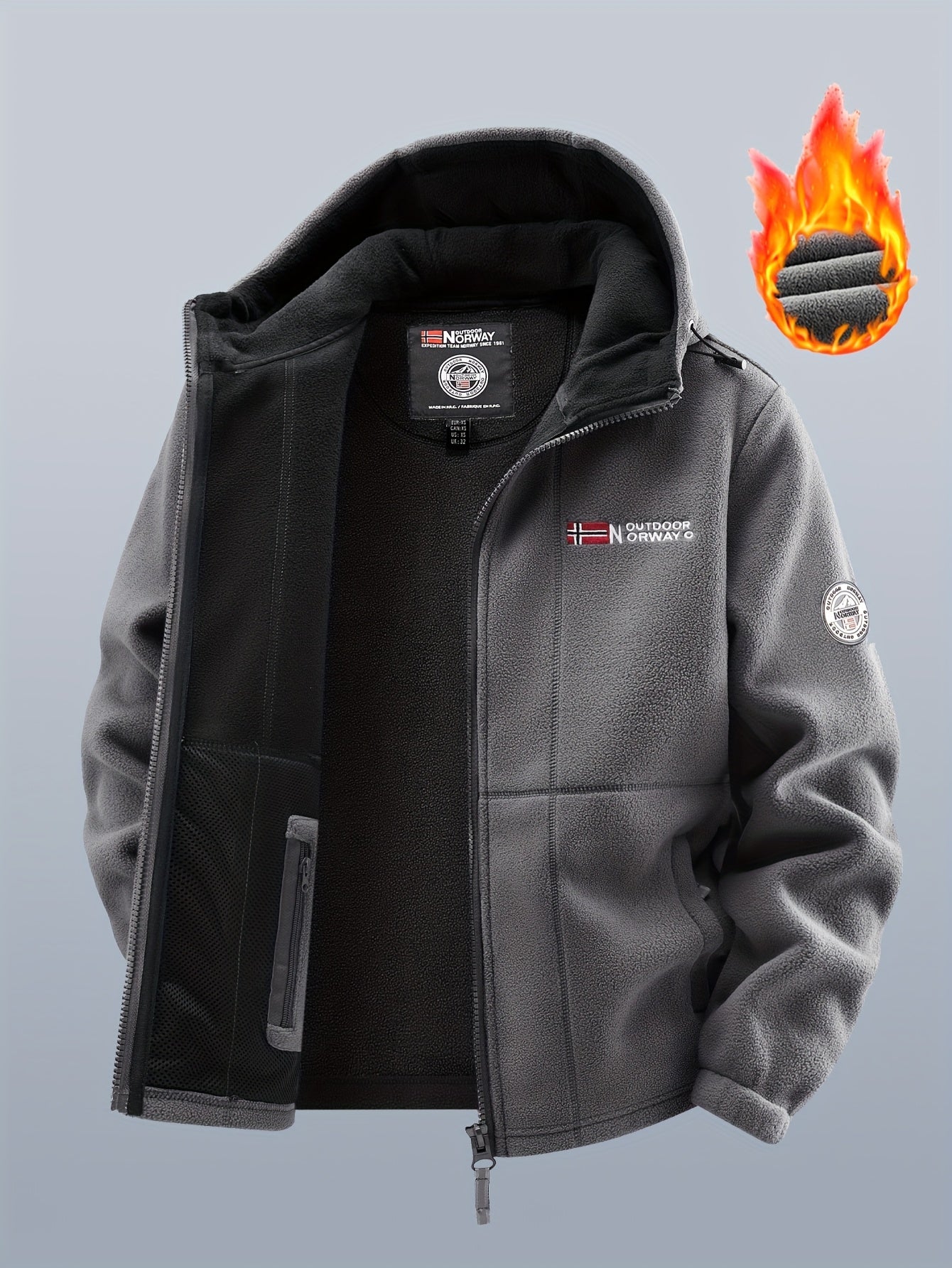 Thermo Fleecejacke mit Kapuze für Herren, durchgehender Reißverschluss
