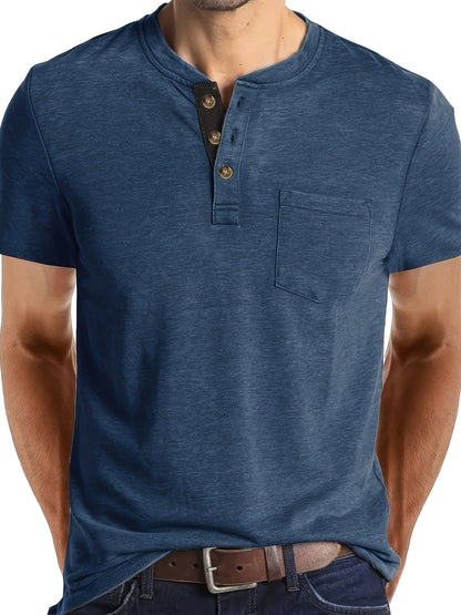 Herren Henley T-Shirt Kurzarm Casual Freizeitshirt mit Knopfleiste und Brusttasche