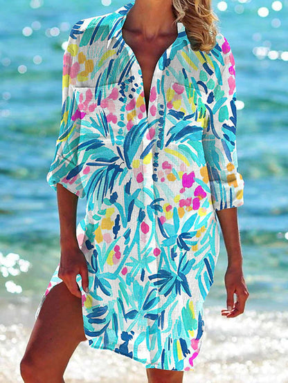 Women's Beach Tunic Dress – Summer Beach Cover-up, Airy, Tropical Pattern, Perfect for Vacation & Pool