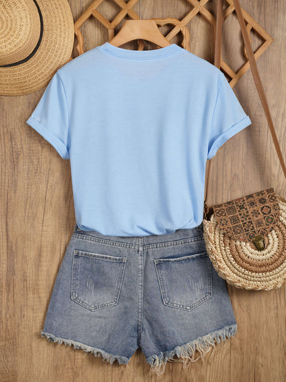 Women's T-shirt with Sunflower and Butterfly Print, Casual Style, Spring/Summer