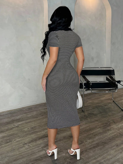 Women's Polo Midi Dress in Bodycon Style with Stripes – Elegant Casual Look for Everyday and Going Out