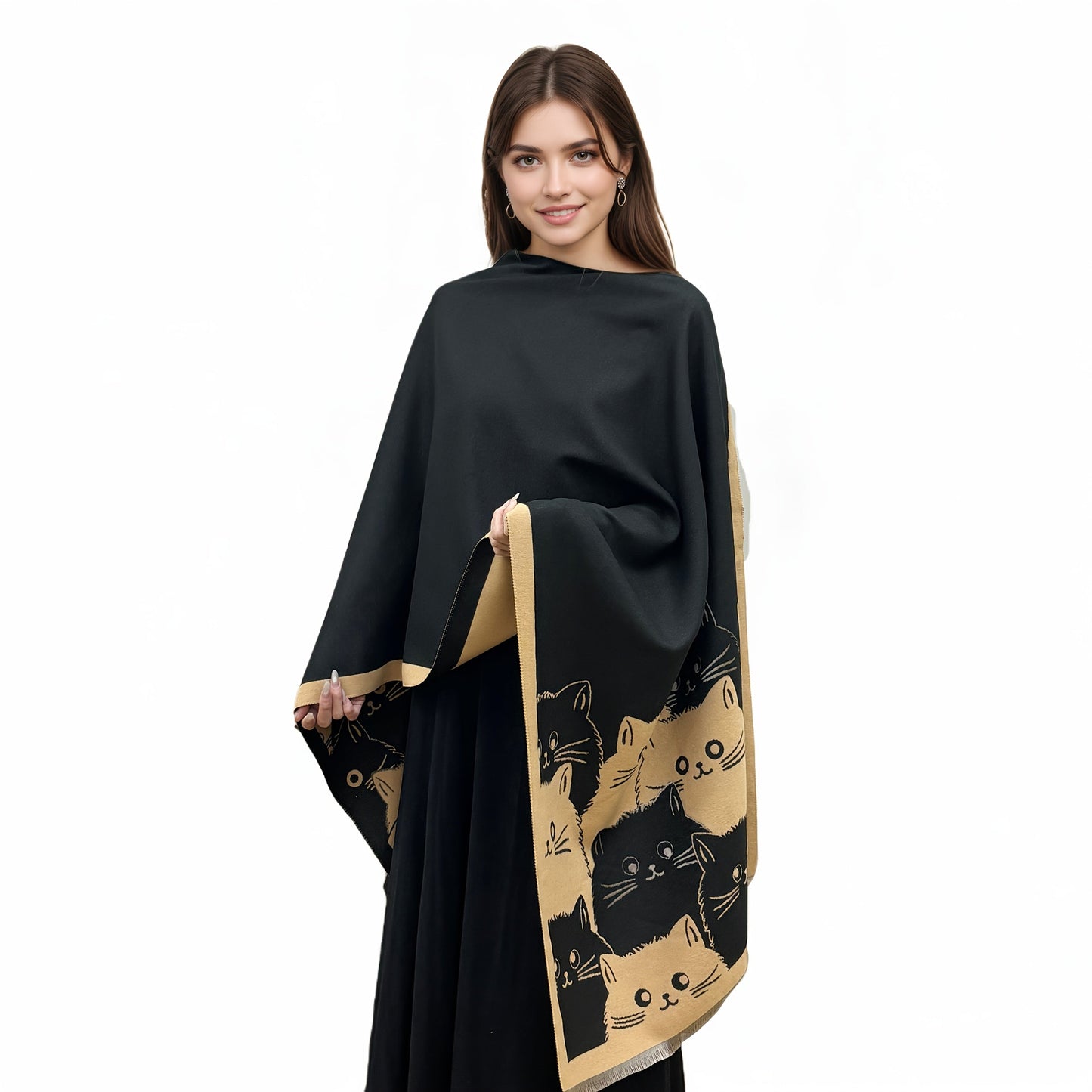 Women's poncho with cat pattern, fringe, and soft fabric