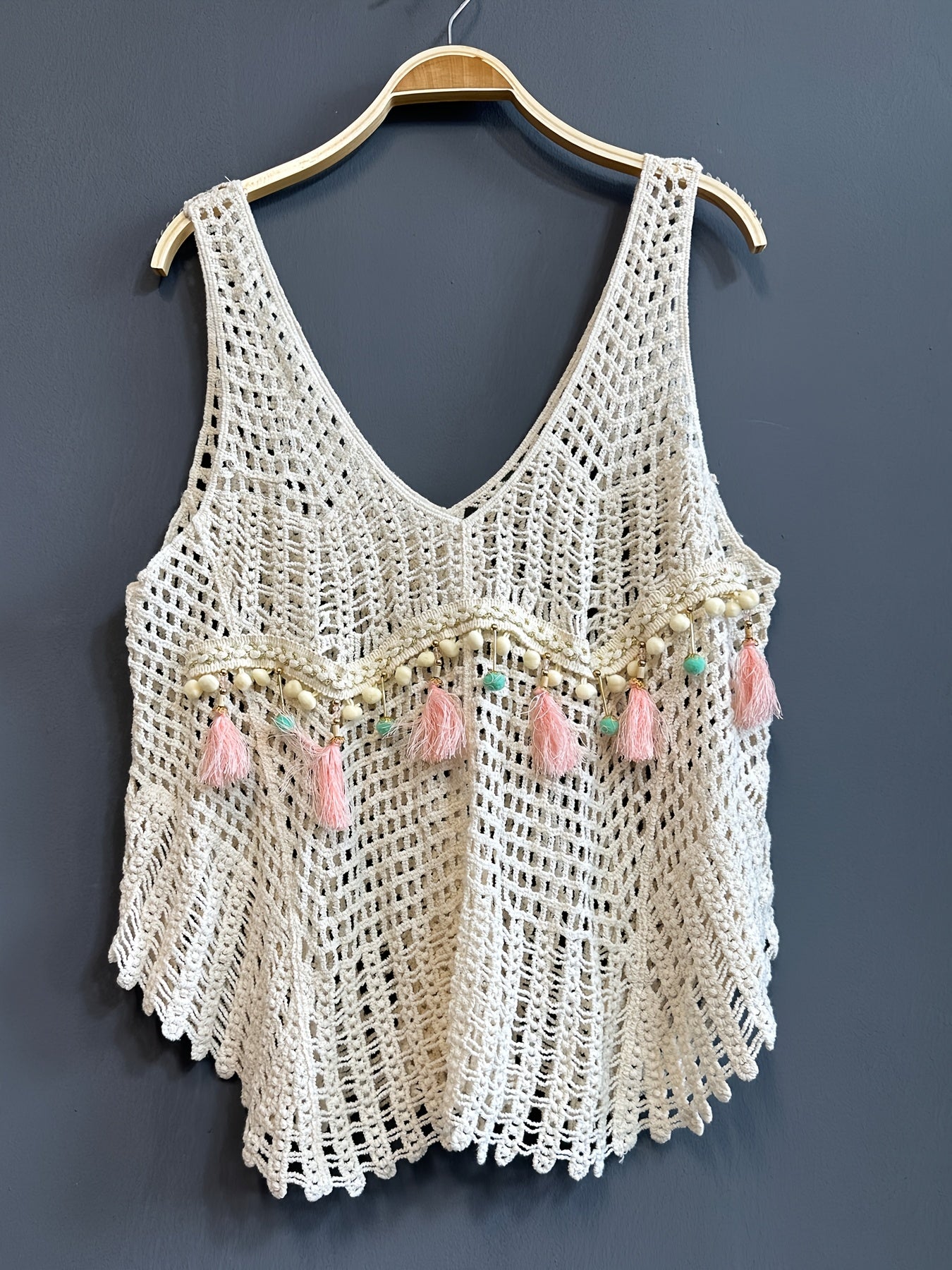Women's Boho Crochet Top with Tassels and Beads – Casual Summer Vest for Beach and Leisure