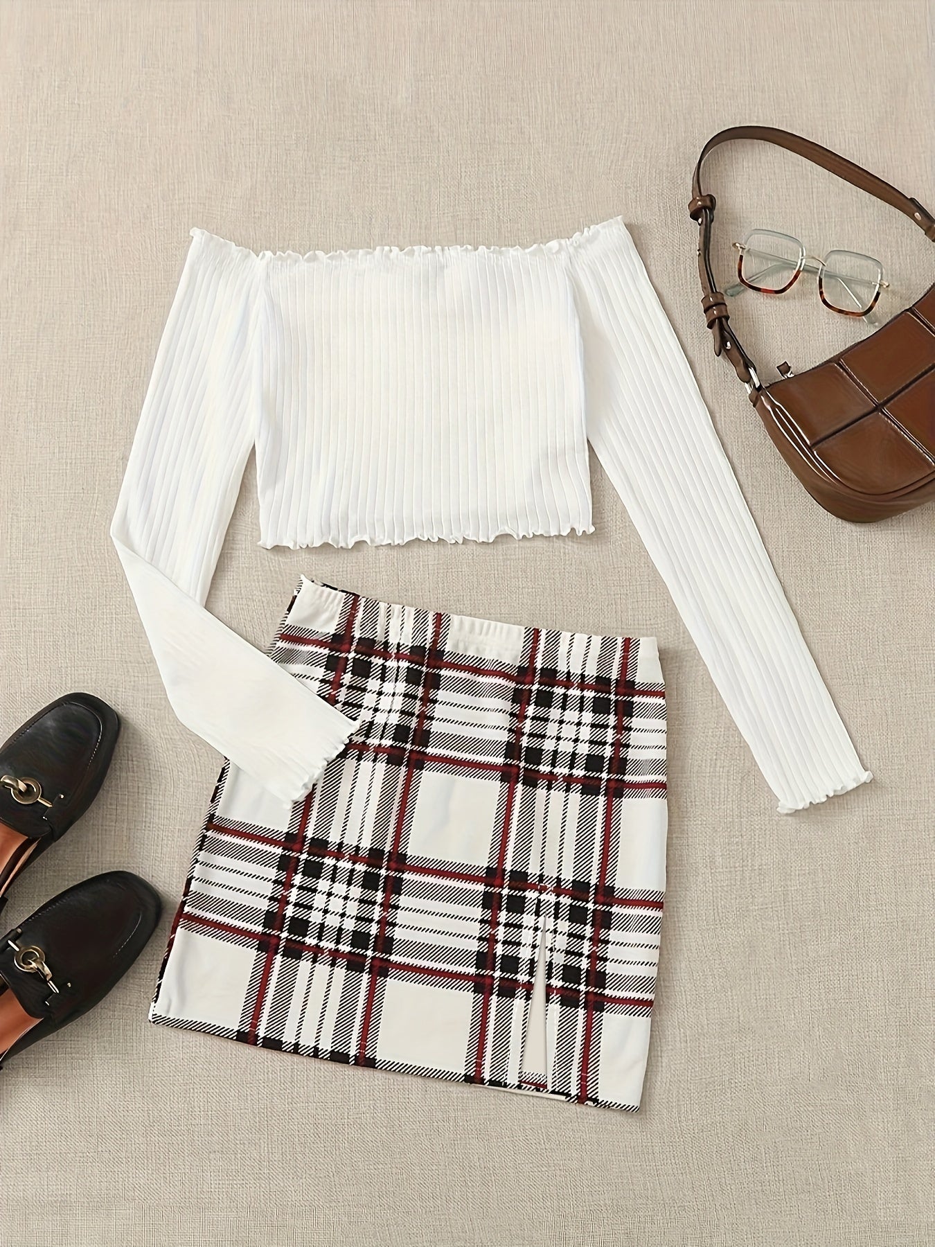 Women's Set Elegant Off-Shoulder Top and Plaid Mini Skirt – Perfect for Spring & Summer