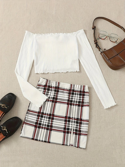 Women's Set Elegant Off-Shoulder Top and Plaid Mini Skirt – Perfect for Spring & Summer