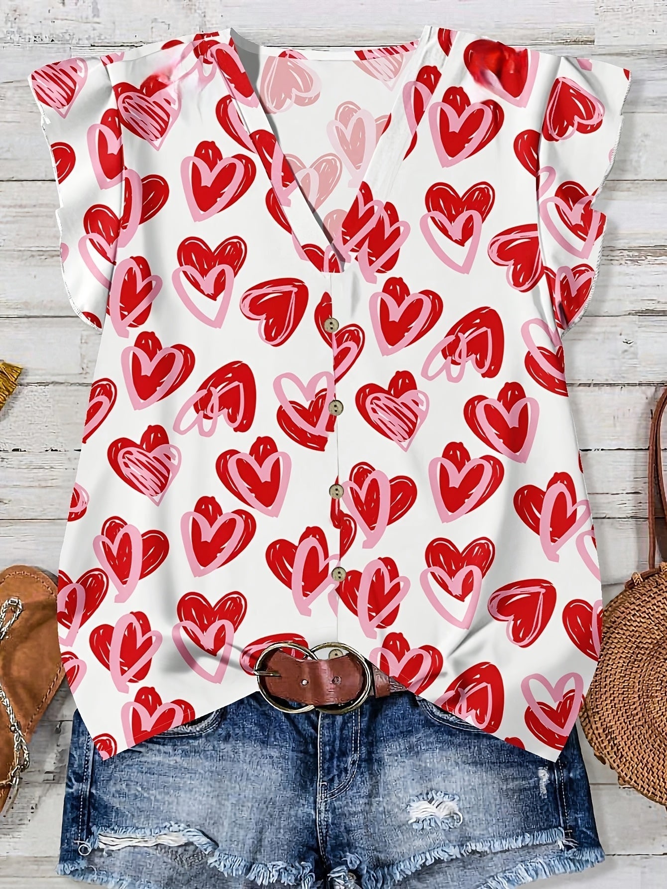 Women's summer blouse with hearts, V-neck, button placket, casual & romantic style