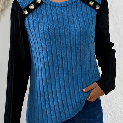 Damen Langarmshirt Gerippt mit Knopfleiste Kontrastärmel Schwarz