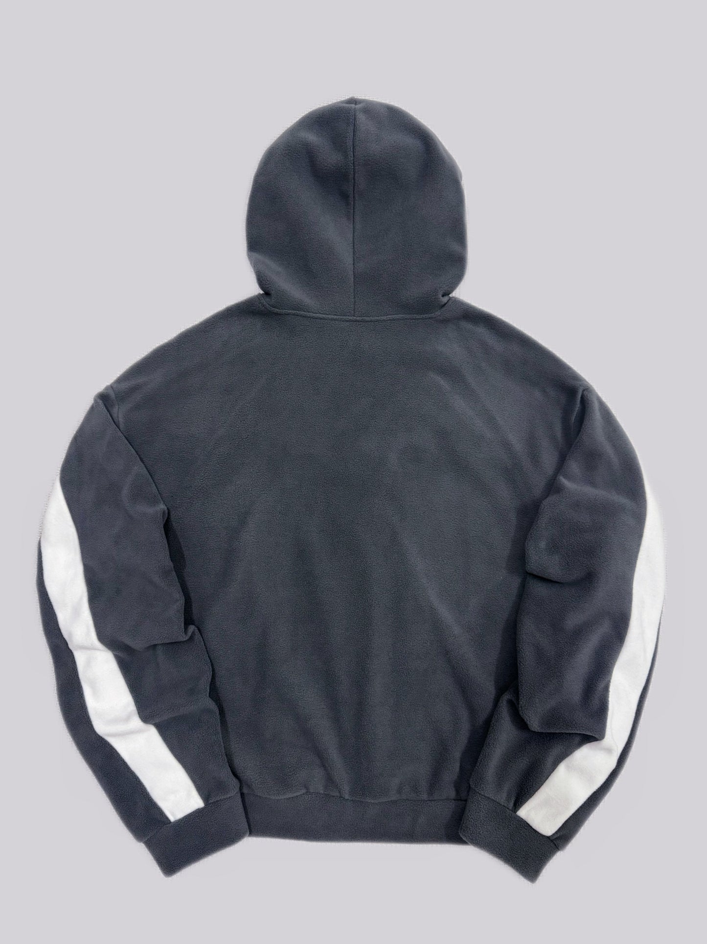Gray fleece hoodie with logo and white stripes