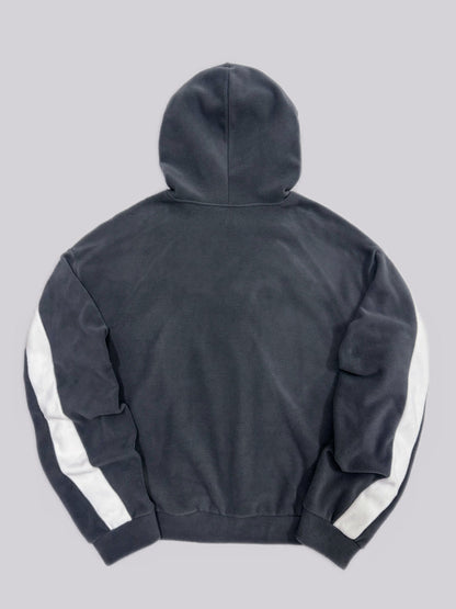 Gray fleece hoodie with logo and white stripes