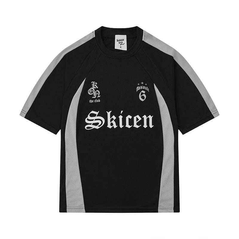 Men's Hip Hop Streetwear T-Shirt with Letter Print and Contrast Stripes – Urban Style Short Sleeve Shirt