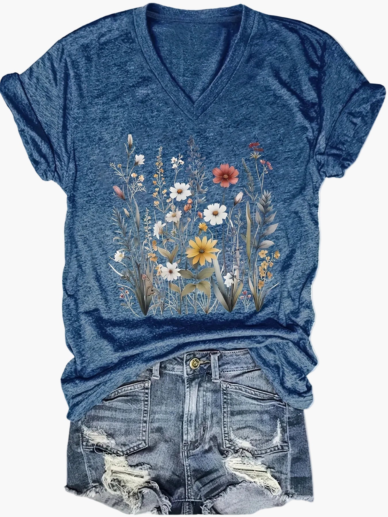 Damen V-Ausschnitt T-Shirt mit Blumenmuster – Lässiger Sommerstyle für Alltag & Freizeit