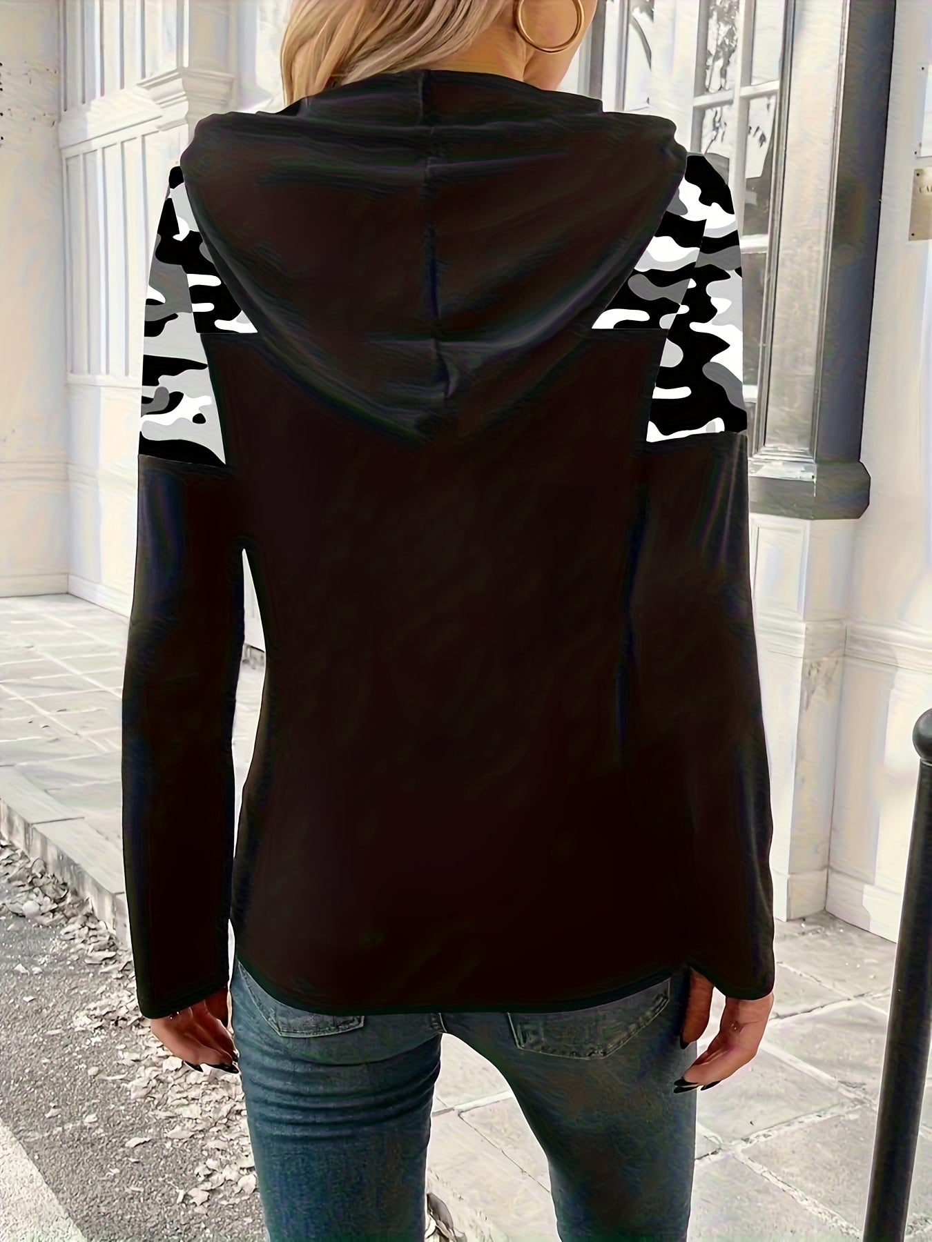 Women's camouflage-pattern hoodie, long sleeve, black, gray, white