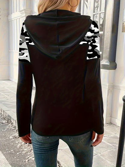 Women's camouflage-pattern hoodie, long sleeve, black, gray, white