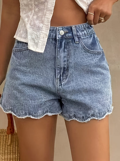 Women's High Waist Denim Shorts with Scalloped Hem in Casual Summer Style