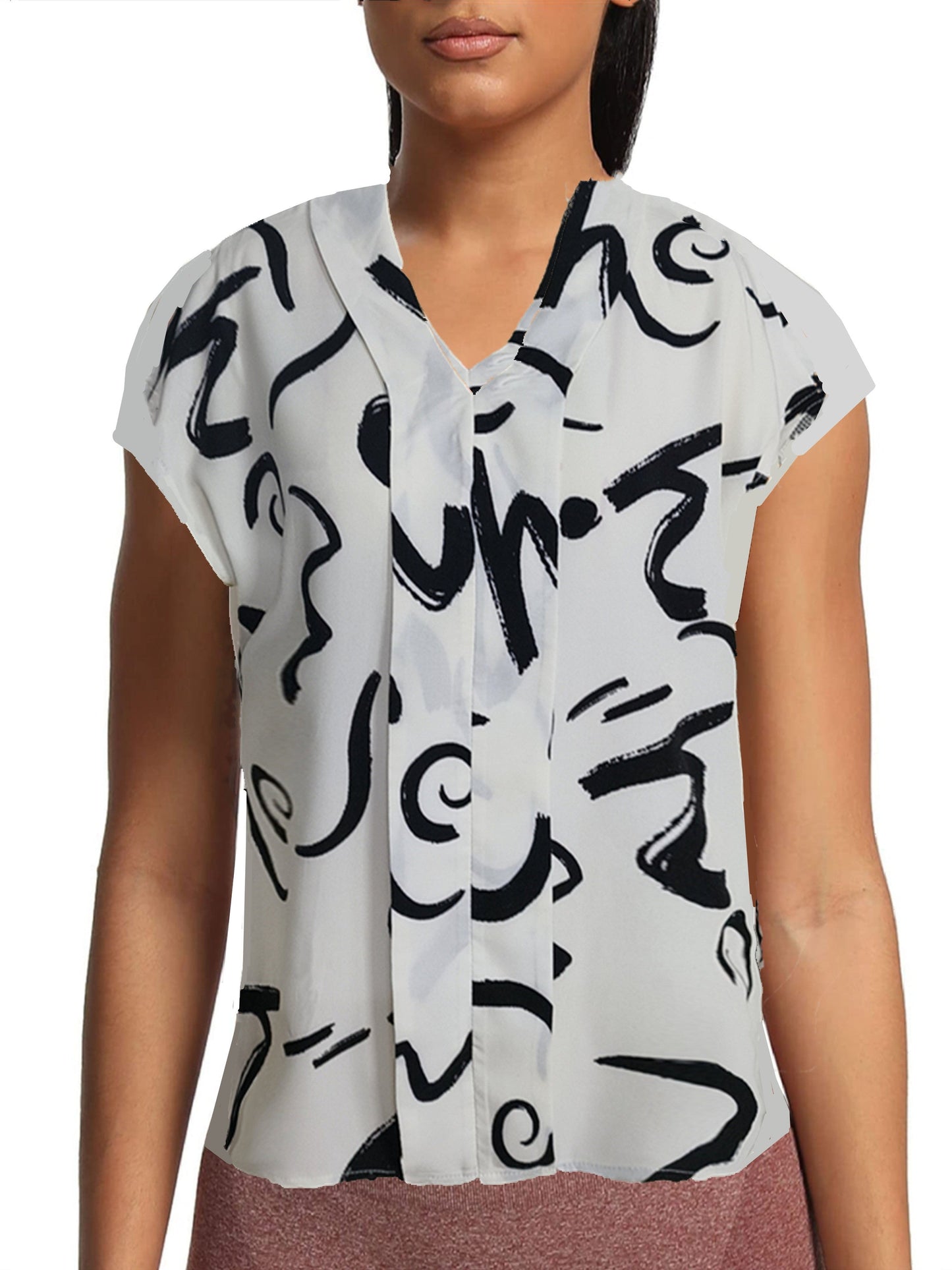 Women's blouse with graphic pattern and V-neck – Elegant style for office and leisure