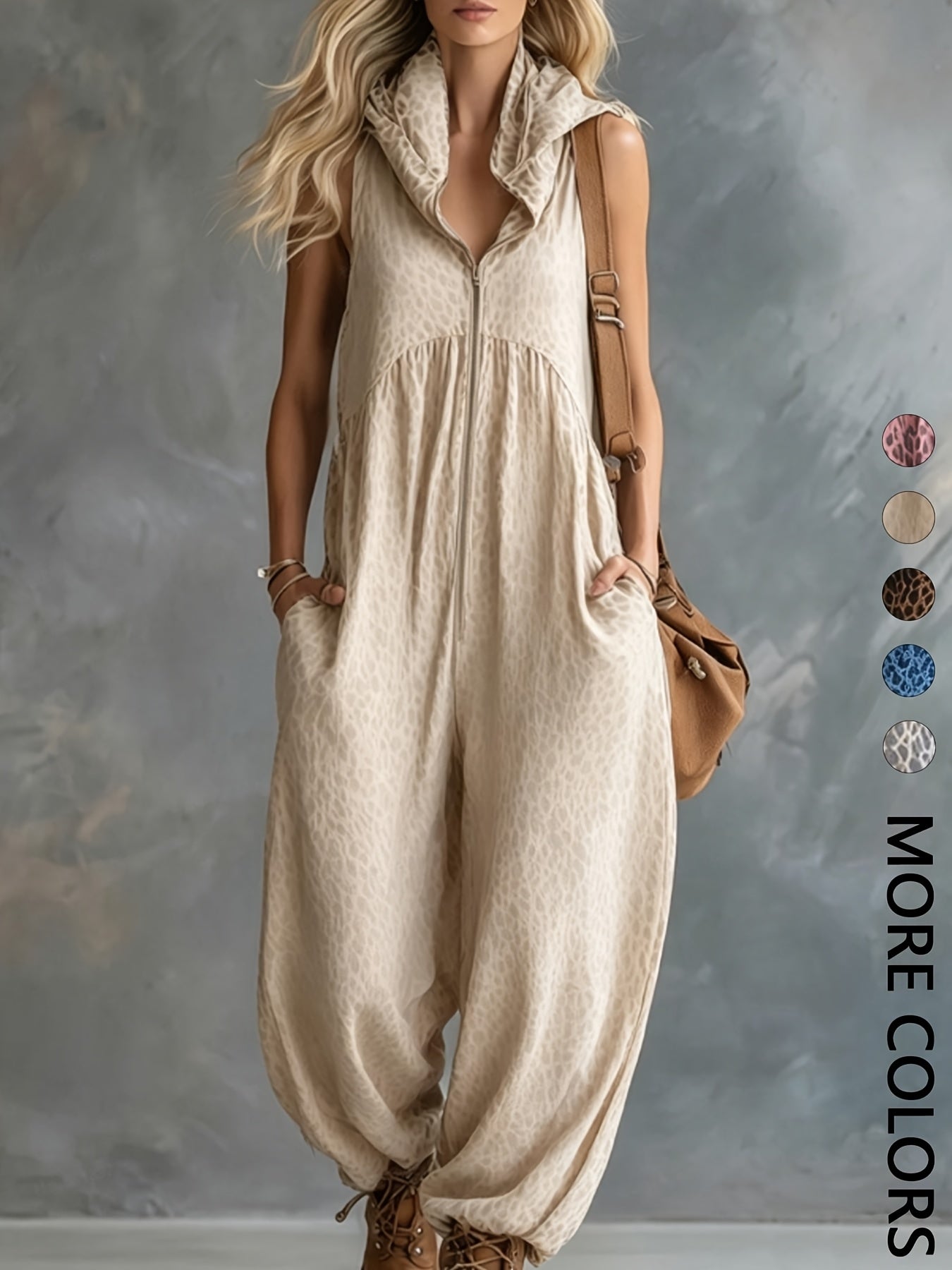 Damen Jumpsuit ärmellos mit Kapuze Animal-Print lockere Passform