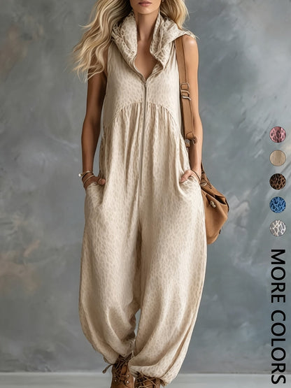Damen Jumpsuit ärmellos mit Kapuze Animal-Print lockere Passform