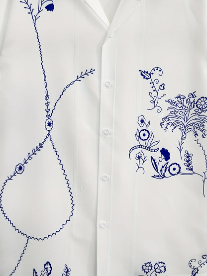 Men's Short-Sleeve Resort Shirt with Artistic Embroidery and Modern Floral Pattern – Stylish for Summer and Vacation