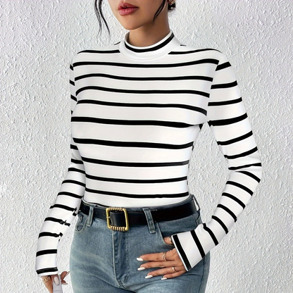 Damen Langarmshirt gestreift Stehkragen