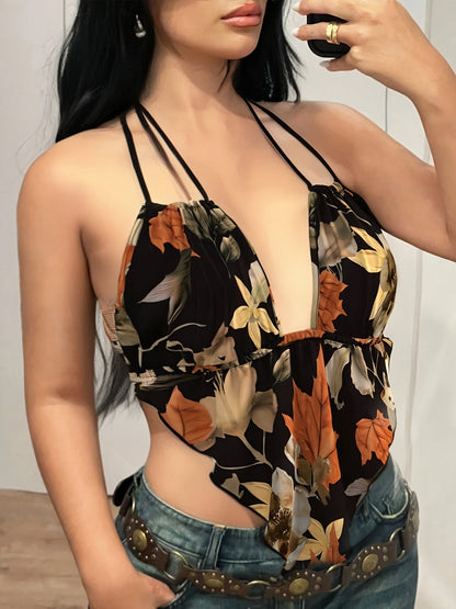 Women's bodysuit with retro print and deep neckline – Elegant one-piece for festival & leisure