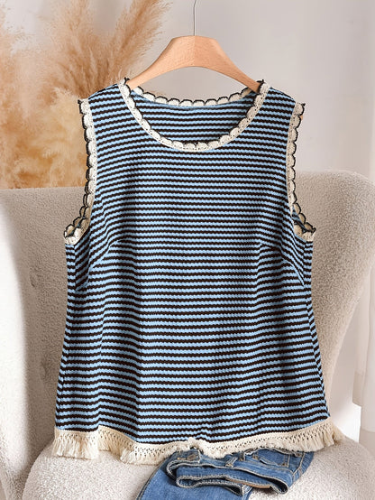 Women's Boho-Style Knit Tank Top with Stripes and Fringes – Elegant Casual Top for Spring and Summer