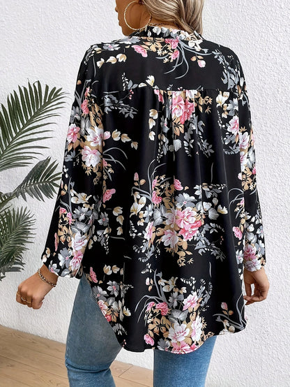 Women's Elegant Blouse with Floral Pattern and V-Neck – Perfect for Everyday & Office
