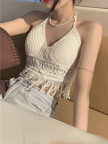 Women's Boho Crochet Halter Crop Top with Fringe – Trendy Summer Festival Top