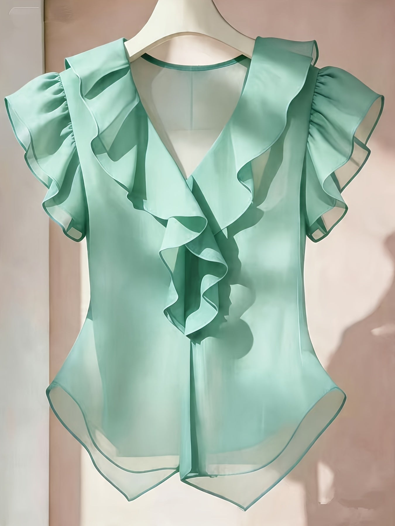 Women's blouse with ruffles and V-neck – Elegant frilled blouse for office and leisure