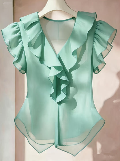Women's blouse with ruffles and V-neck – Elegant frilled blouse for office and leisure