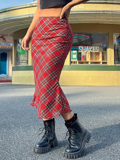 Women's Elegant Checked Maxi Skirt Vintage Style – Casual & Everyday