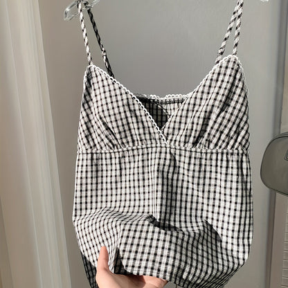 Women's Vintage-Style Checkered Strap Top for Casual and Summer Wear