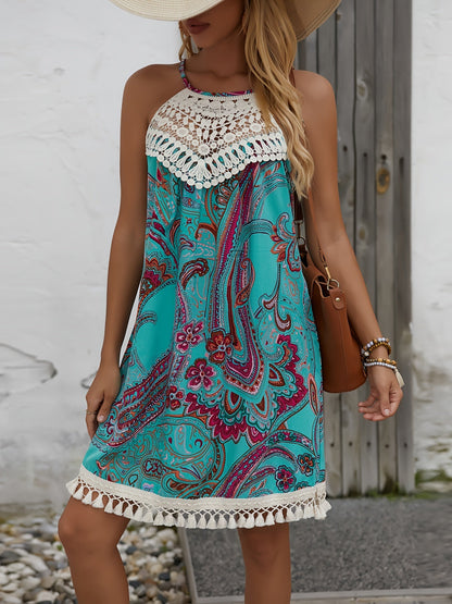 Women's Summer Beach Dress in Boho Style with Crochet Details and Paisley Pattern – Elegant Casual Tunic Dress for Vacation and Everyday Wear