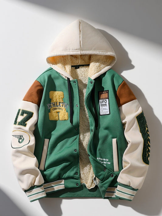 Unisex college-style hooded jacket in green and beige with fleece lining