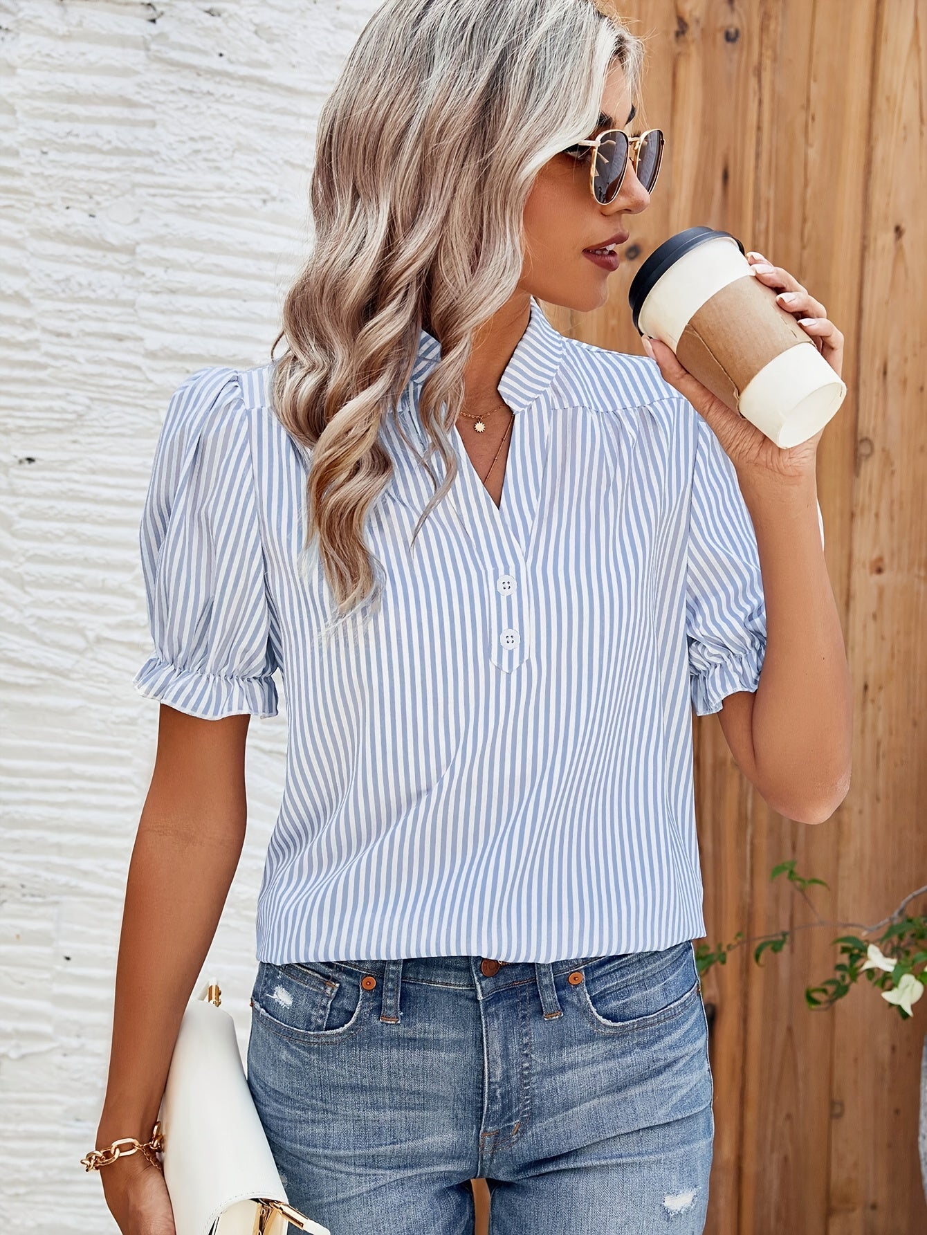 Women's blouse with stand-up collar and puff sleeves – Striped casual shirt for spring and summer
