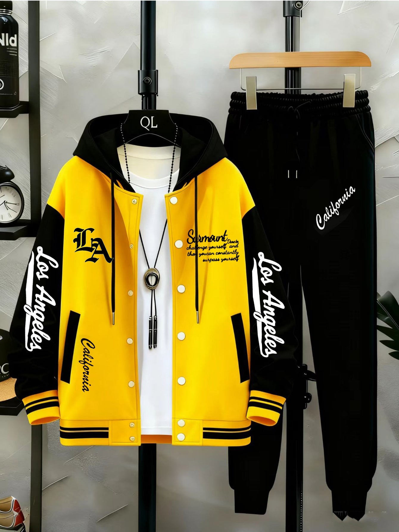 Unisex tracksuit set with baseball jacket and jogging pants, college-style streetwear